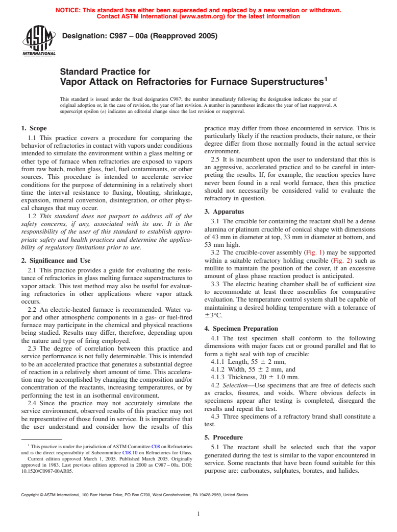 ASTM C987-00a(2005) - Standard Practice for Vapor Attack on Refractories for Furnace Superstructures