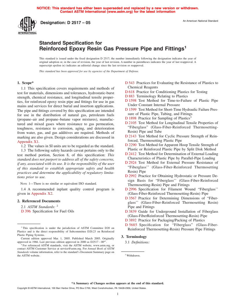 ASTM D2517-05 - Standard Specification for Reinforced Epoxy Resin Gas Pressure Pipe and Fittings