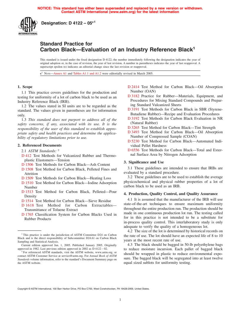 ASTM D4122-05e1 - Standard Practice for Carbon Black&#8212;Evaluation of an Industry Reference Black