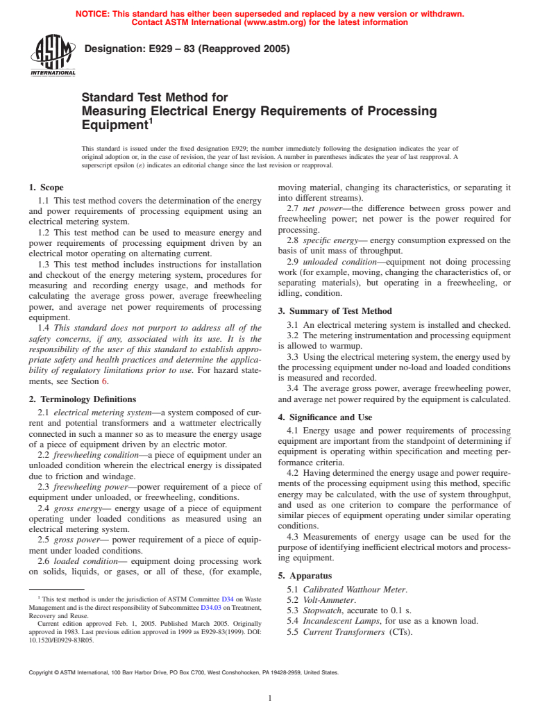 ASTM E929-83(2005) - Standard Test Method for Measuring Electrical Energy Requirements of Processing Equipment