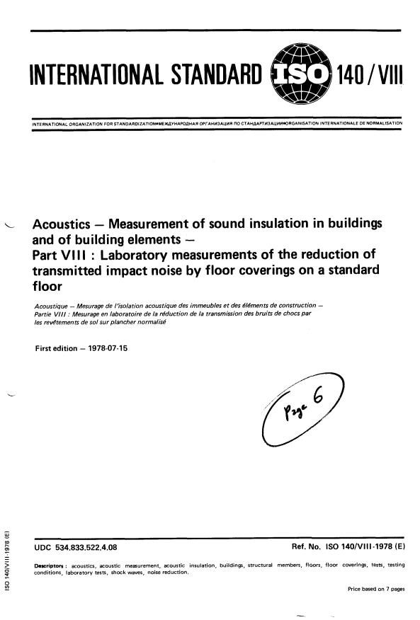 ISO 140-8:1978 - Acoustics -- Measurement of sound insulation in buildings and of building elements