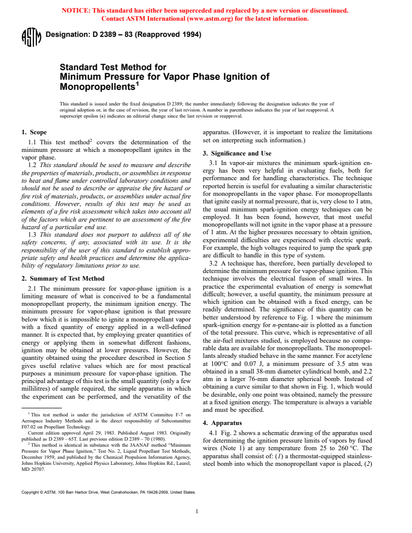 ASTM D2389-83(1994) - Standard Test Method for Minimum Pressure for Vapor Phase Ignition of Monopropellents (Withdrawn 2003)