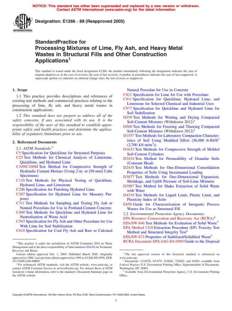 ASTM E1266-88(2005) - Standard Practice for Processing Mixtures of Lime, Fly Ash, and Heavy Metal Wastes in Structural Fills and Other Construction Applications