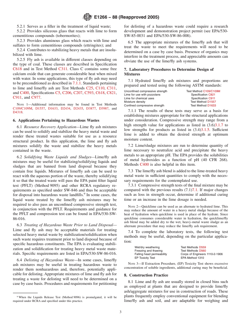 ASTM E1266-88(2005) - Standard Practice for Processing Mixtures of Lime, Fly Ash, and Heavy Metal Wastes in Structural Fills and Other Construction Applications