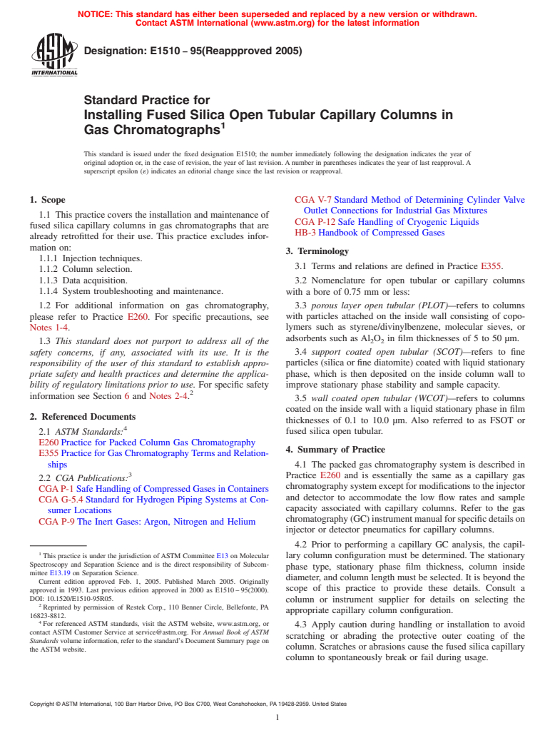 ASTM E1510-95(2005) - Standard Practice for Installing Fused Silica Open Tubular Capillary Columns in Gas Chromatographs