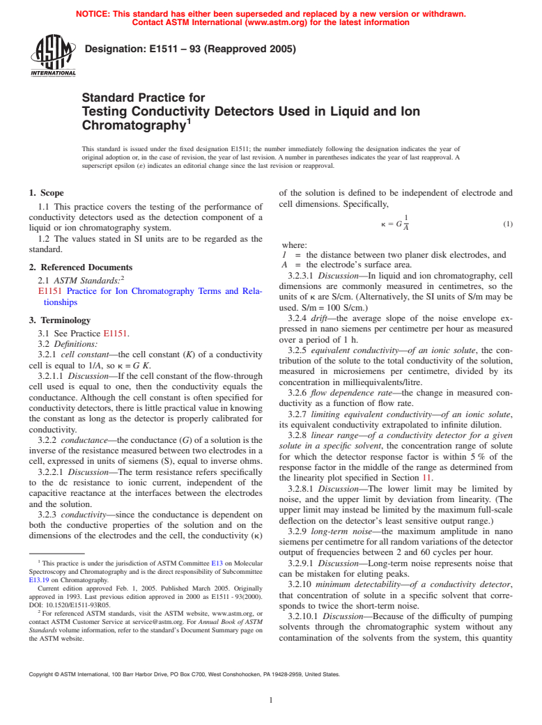 ASTM E1511-93(2005) - Standard Practice for Testing Conductivity Detectors Used in Liquid and Ion Chromatography