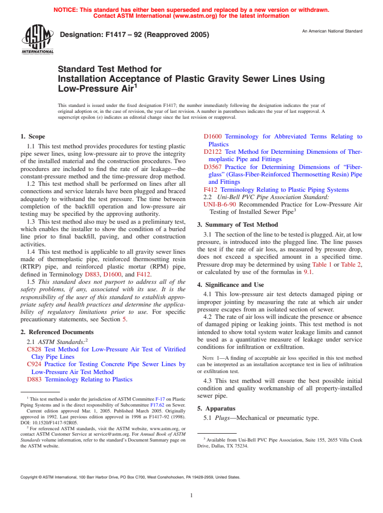 ASTM F1417-92(2005) - Standard Test Method for Installation Acceptance of Plastic Gravity Sewer Lines Using Low-Pressure Air