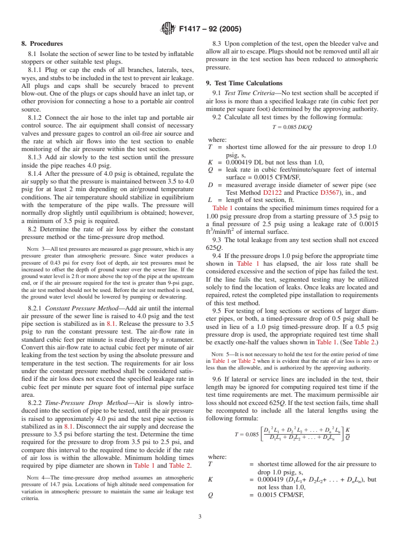 ASTM F1417-92(2005) - Standard Test Method for Installation Acceptance of Plastic Gravity Sewer Lines Using Low-Pressure Air