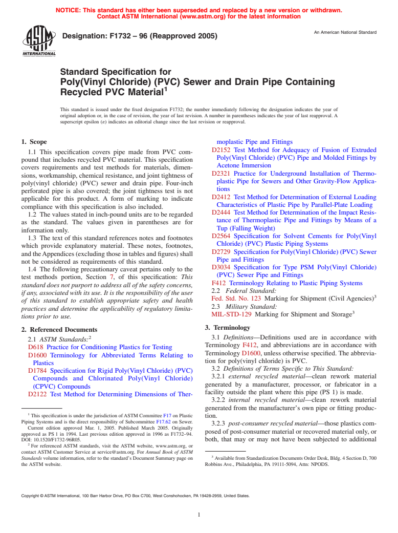 ASTM F1732-96(2005) - Standard Specification for Poly(Vinyl Chloride) (PVC) Sewer and Drain Pipe Containing Recycled PVC Material