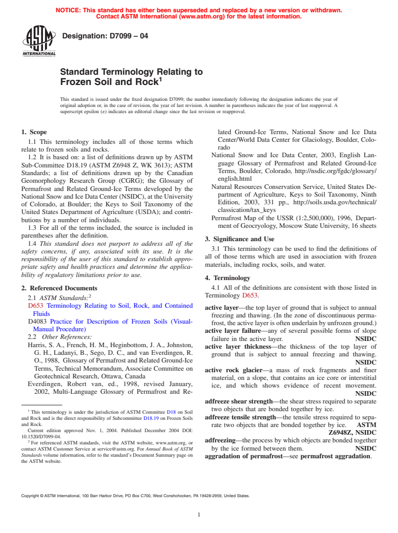 ASTM D7099-04 - Standard Terminology Relating to Frozen Soil and Rock