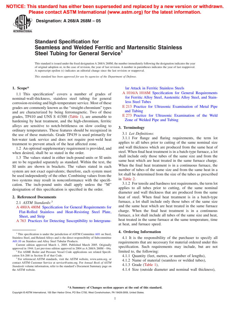 ASTM A268/A268M-05 - Standard Specification for Seamless and Welded Ferritic and Martensitic Stainless Steel Tubing for General Service