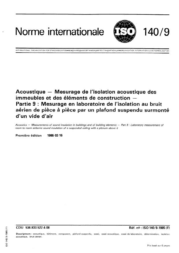 ISO 140-9:1985 - Acoustique -- Mesurage de l'isolation acoustique des immeubles et des éléments de construction