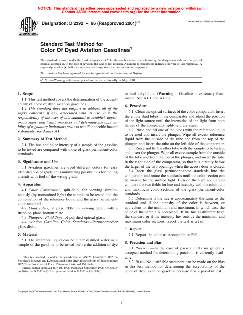 ASTM D2392-96(2001)e1 - Standard Test Method for Color Of Dyed Aviation Gasolines