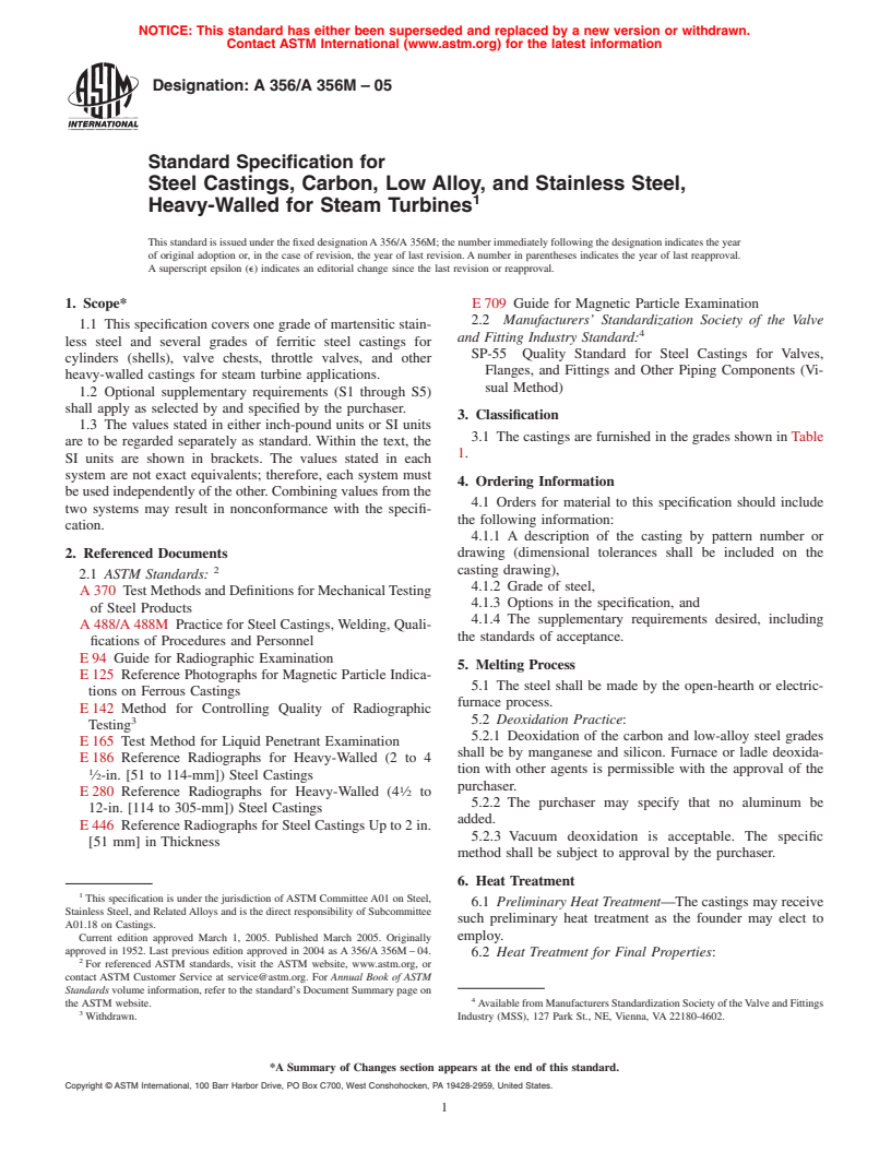 ASTM A356/A356M-05 - Standard Specification for Steel Castings, Carbon, Low Alloy, and Stainless Steel, Heavy-Walled for Steam Turbines