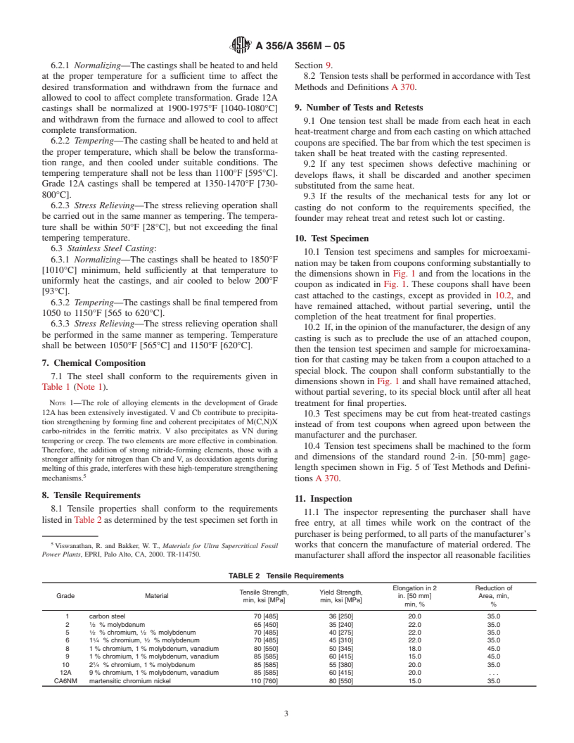 ASTM A356/A356M-05 - Standard Specification for Steel Castings, Carbon, Low Alloy, and Stainless Steel, Heavy-Walled for Steam Turbines