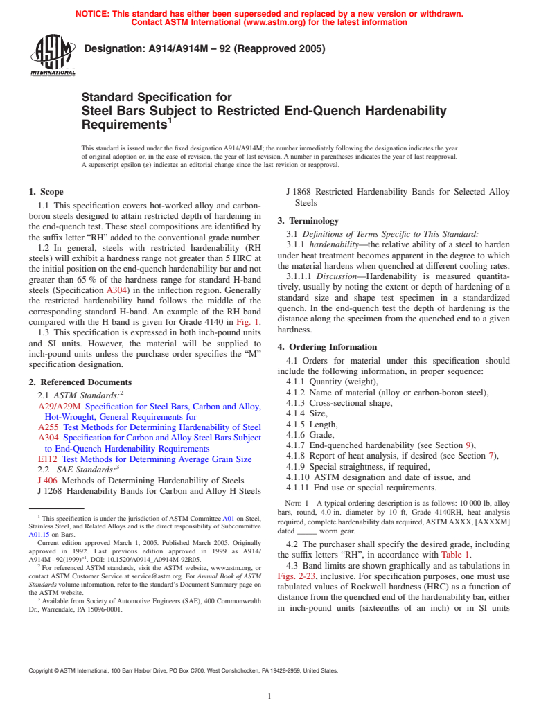 ASTM A914/A914M-92(2005) - Standard Specification for Steel Bars Subject to Restricted End-Quench Hardenability Requirements