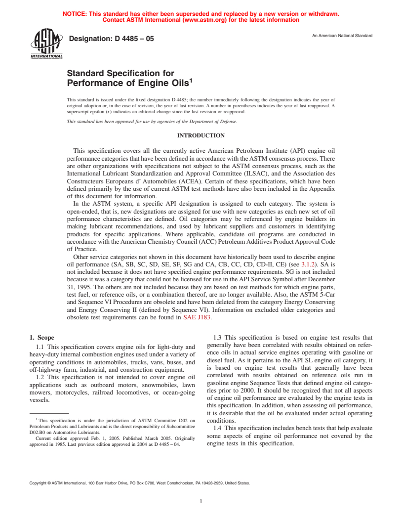 ASTM D4485-05 - Standard Specification for Performance of Engine Oils