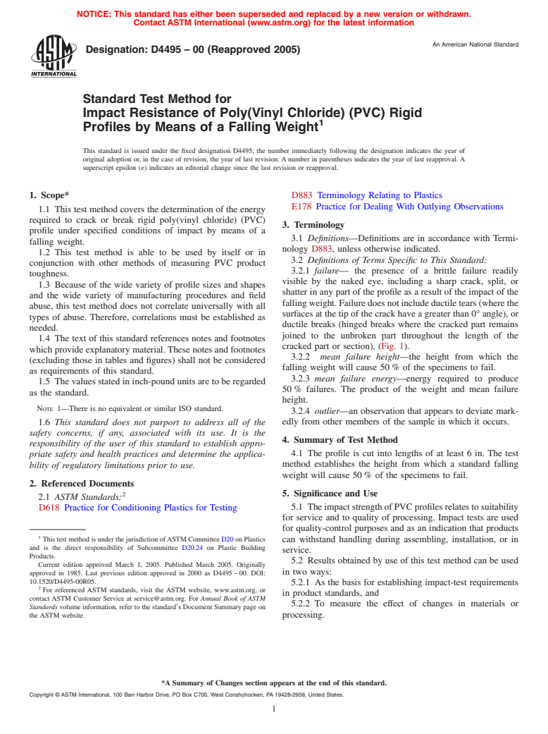 ASTM D4495-00(2005) - Standard Test Method for Impact Resistance of Poly(Vinyl Chloride) (PVC) Rigid Profiles by Means of a Falling Weight