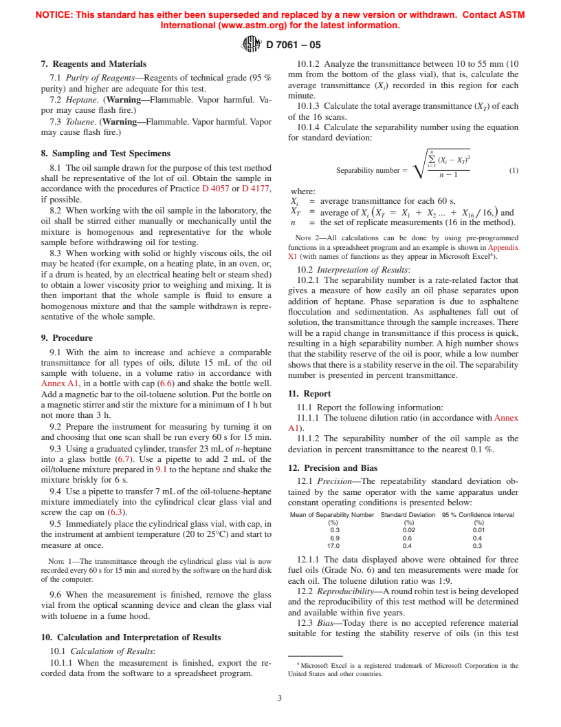 ASTM D7061-05 - Standard Test Method for Measuring <bdit>n</bdit>-Heptane Induced Phase Separation of Asphaltene-Containing Heavy Fuel Oils as Separability Number by an Optical Scanning Device