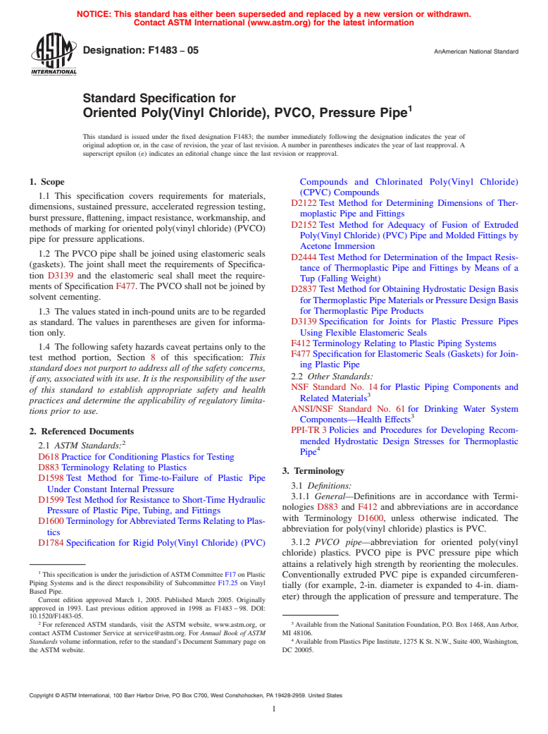 ASTM F1483-05 - Standard Specification for Oriented Poly(Vinyl Chloride), PVCO, Pressure Pipe
