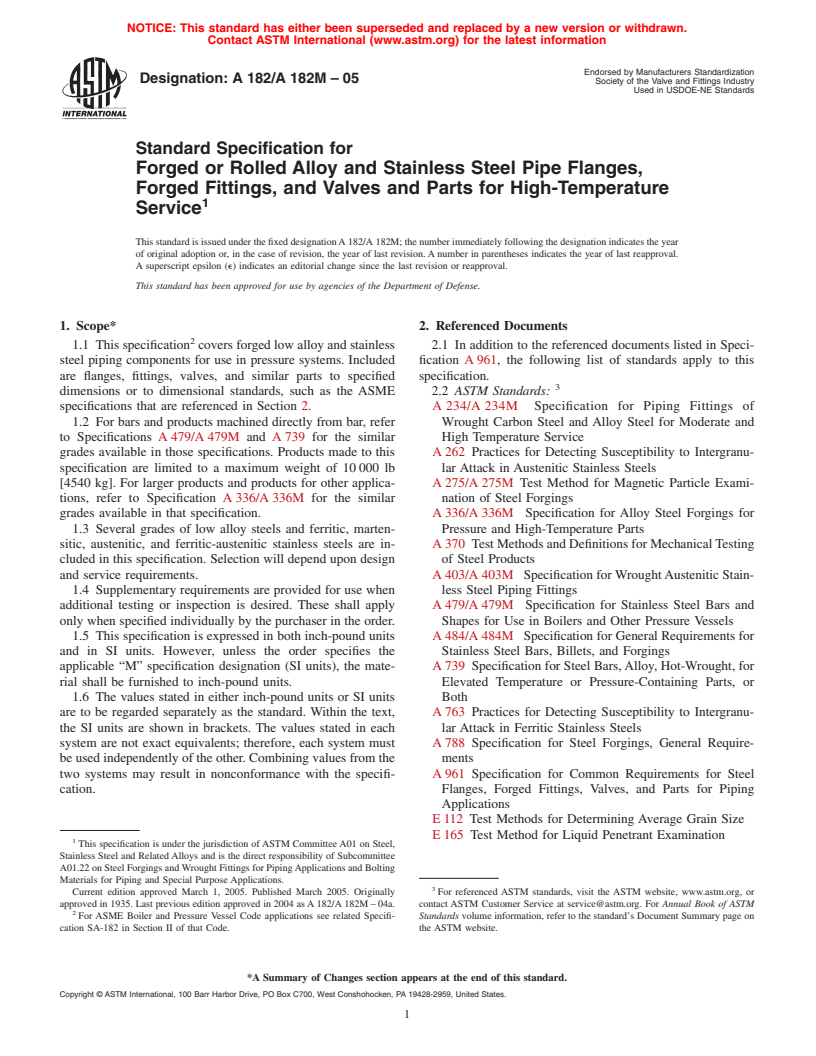 ASTM A182/A182M-05 - Standard Specification for Forged or Rolled Alloy-Steel Pipe Flanges, Forged Fittings, and Valves and Parts for High-Temperature Service