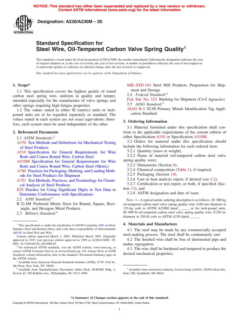 ASTM A230/A230M-05 - Standard Specification for Steel Wire, Oil-Tempered Carbon Valve Spring Quality