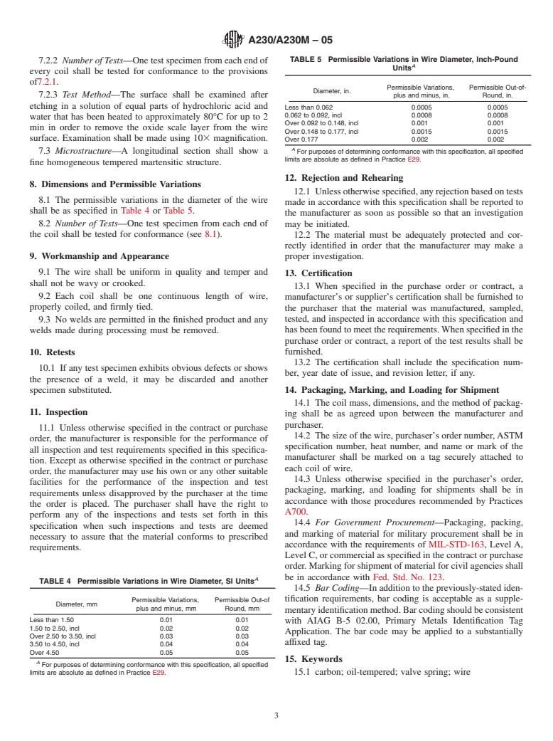 ASTM A230/A230M-05 - Standard Specification for Steel Wire, Oil-Tempered Carbon Valve Spring Quality