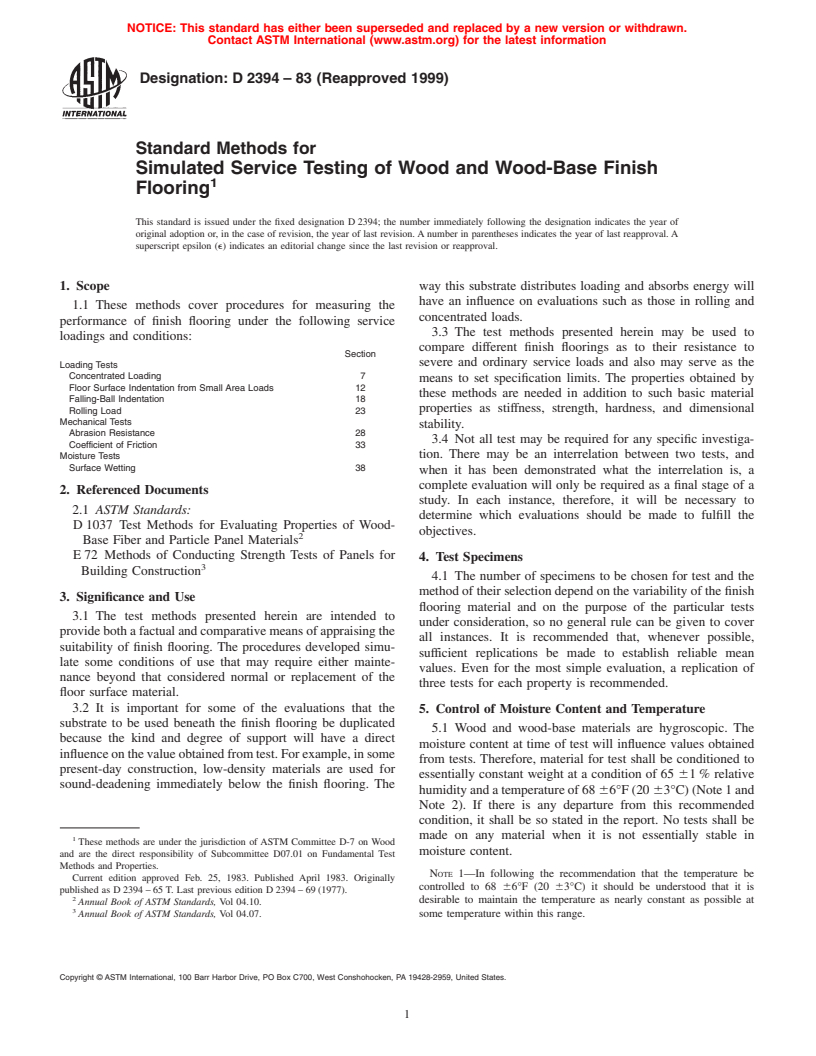 ASTM D2394-83(1999) - Standard Methods for Simulated Service Testing of Wood and Wood-Base Finish Flooring