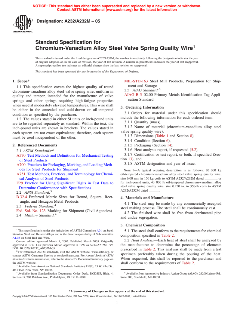 ASTM A232/A232M-05 - Standard Specification for Chromium-Vanadium Alloy Steel Valve Spring Quality Wire