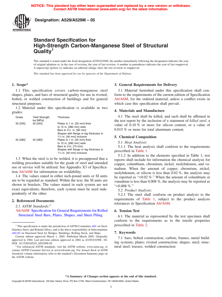 ASTM A529/A529M-05 - Standard Specification for High-Strength Carbon-Manganese Steel of Structural Quality