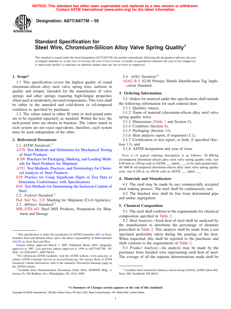 ASTM A877/A877M-05 - Standard Specification for Steel Wire, Chromium-Silicon Alloy Valve Spring Quality
