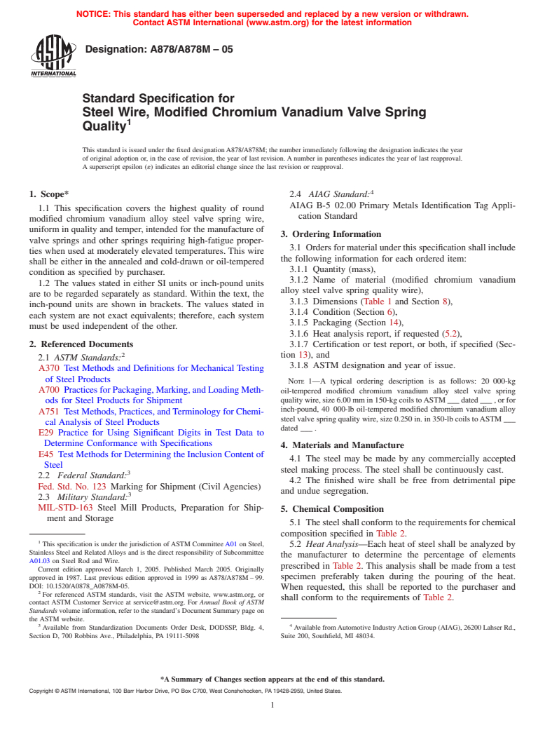 ASTM A878/A878M-05 - Standard Specification for Steel Wire, Modified Chromium Vanadium Valve Spring Quality
