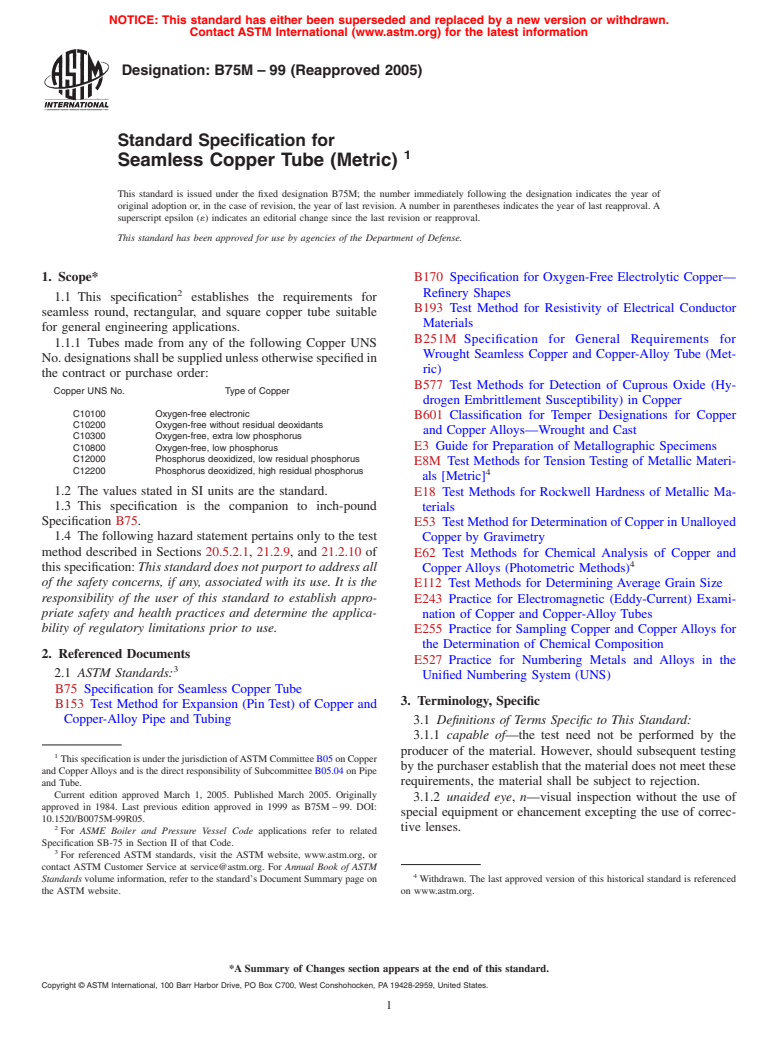 ASTM B75M-99(2005) - Standard Specification for Seamless Copper Tube [Metric]