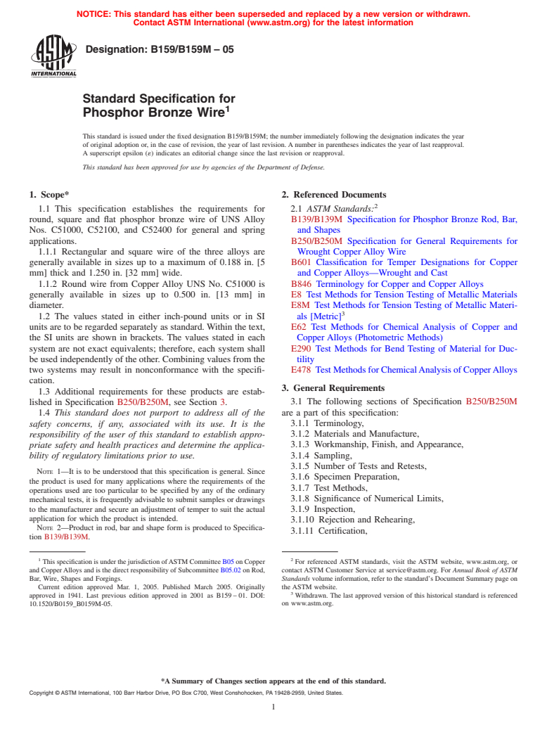 ASTM B159/B159M-05 - Standard Specification for Phosphor Bronze Wire