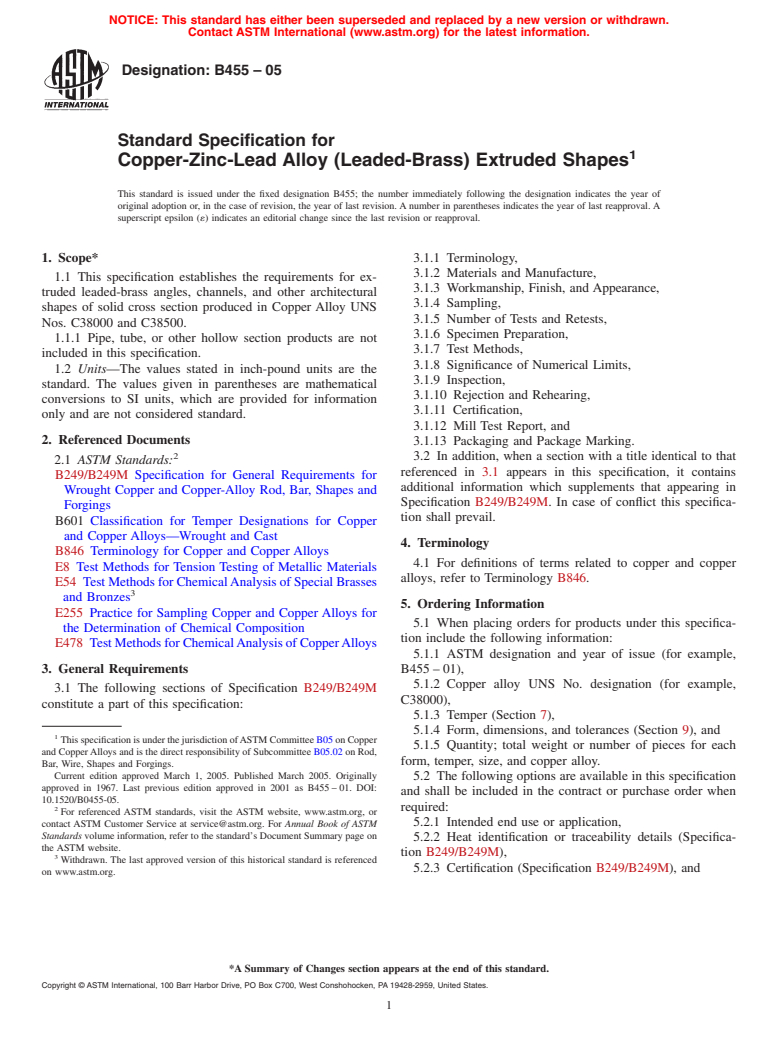 ASTM B455-05 - Standard Specification for Copper-Zinc-Lead Alloy (Leaded-Brass) Extruded Shapes