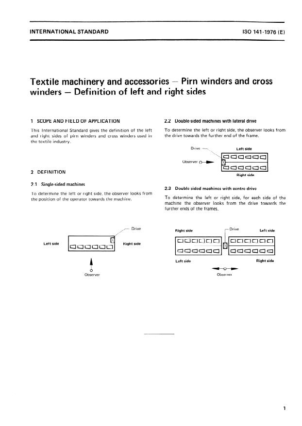 ISO 141:1976 - Textile machinery and accessories -- Pirn winders and cross winders -- Definition of left and right sides