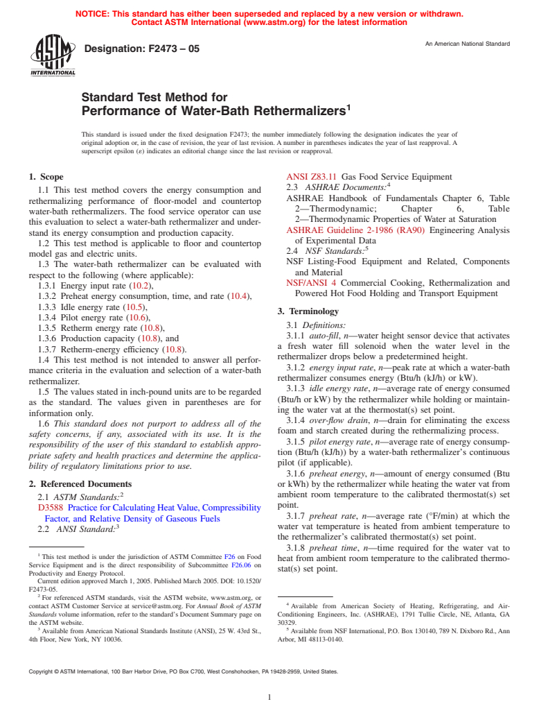 ASTM F2473-05 - Standard Test Method for Performance of Water-Bath Rethermalizers