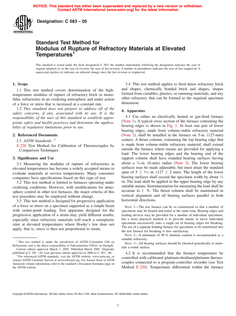 ASTM C583-05 - Standard Test Method for Modulus of Rupture of Refractory Materials at Elevated Temperatures