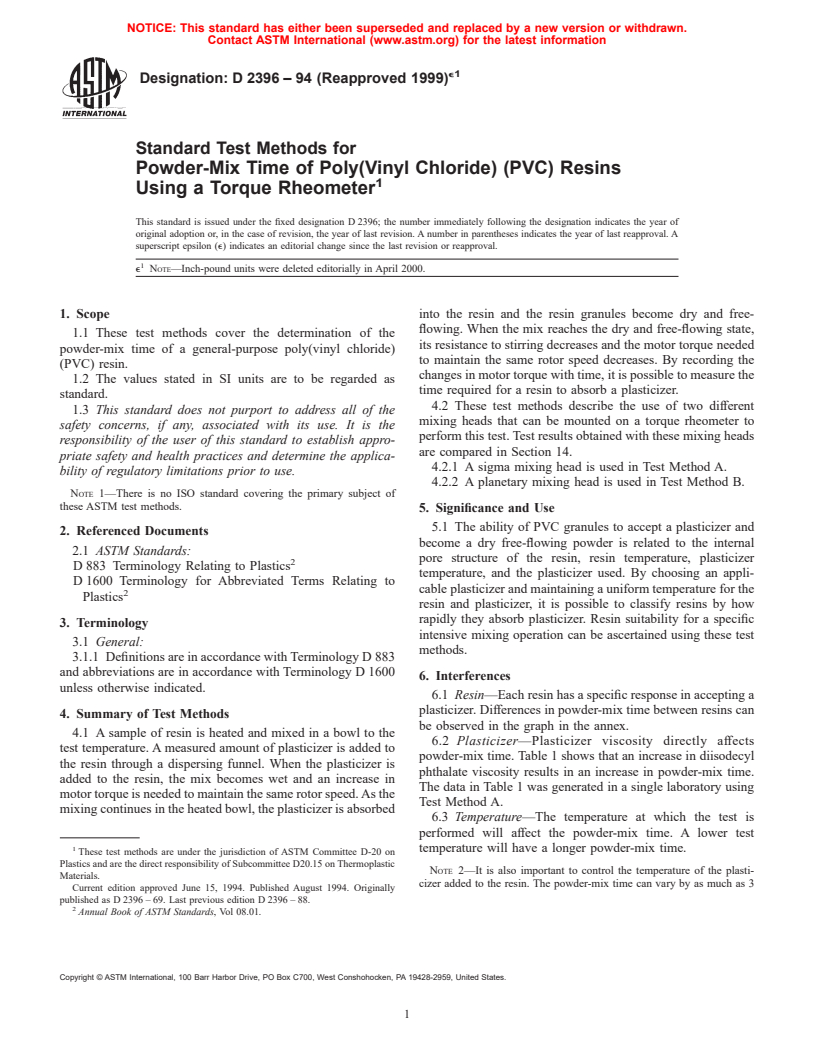 ASTM D2396-94(1999)e1 - Standard Test Methods for Powder-Mix Time of Poly(Vinyl Chloride) (PVC) Resins Using a Torque Rheometer