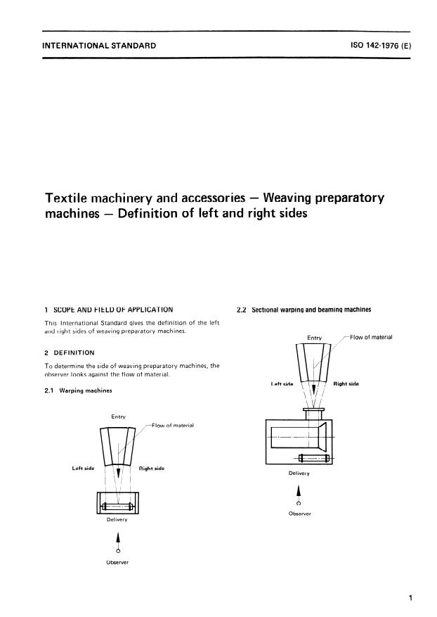 ISO 142:1976 - Textile machinery and accessories -- Weaving preparatory machines -- Definition of left and right sides