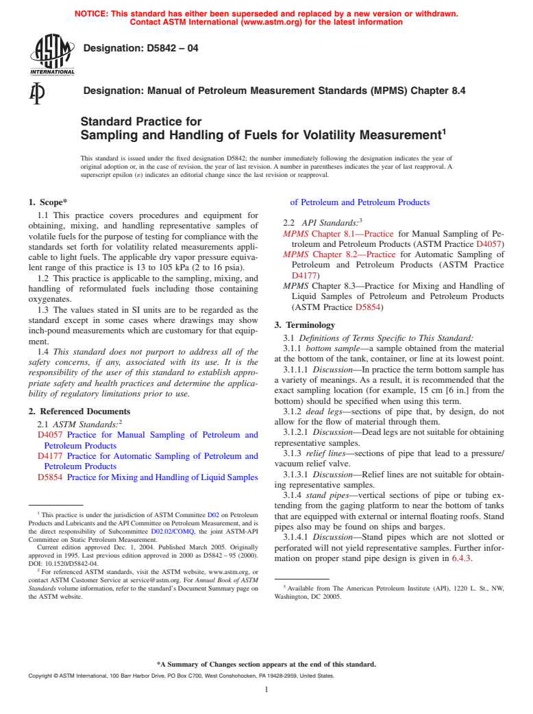 ASTM D5842-04 - Standard Practice for Sampling and Handling of Fuels for Volatility Measurement