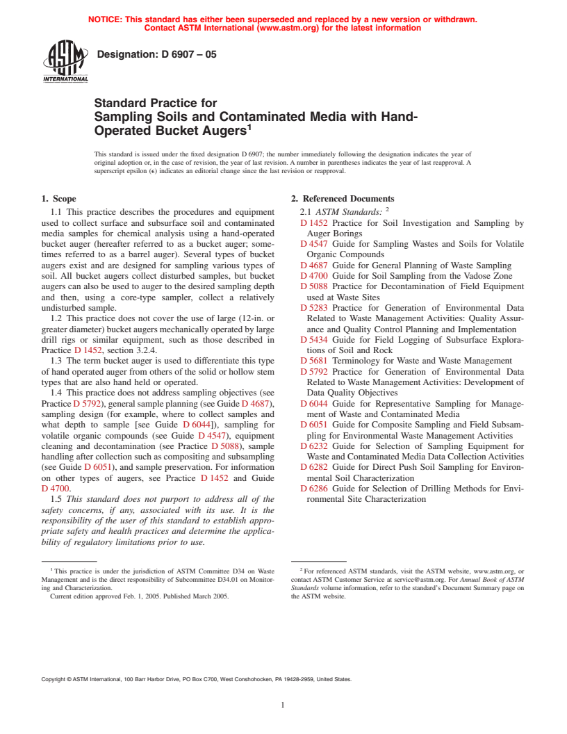 ASTM D6907-05 - Standard Practice for Sampling Soils and Contaminated Media with Hand-Operated Bucket Augers