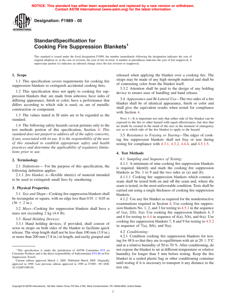 ASTM F1989-05 - Specification for Cooking Fire Suppression Blankets