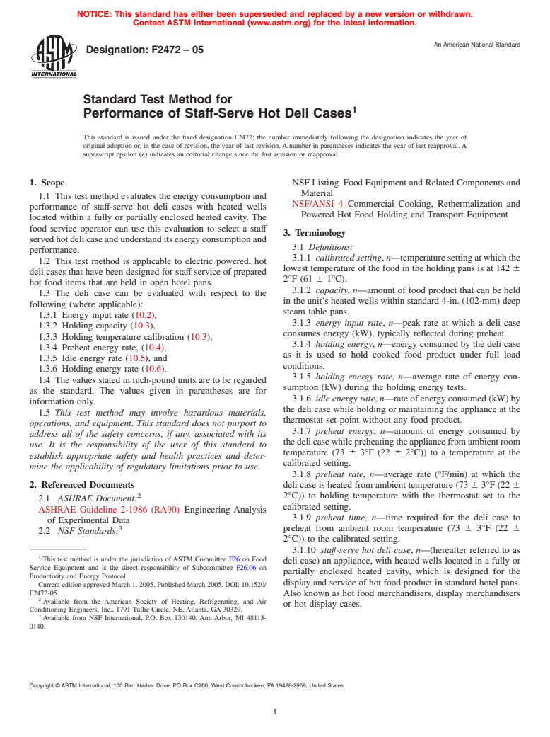 ASTM F2472-05 - Standard Test Method for Performance of Staff-Serve Hot Deli Cases