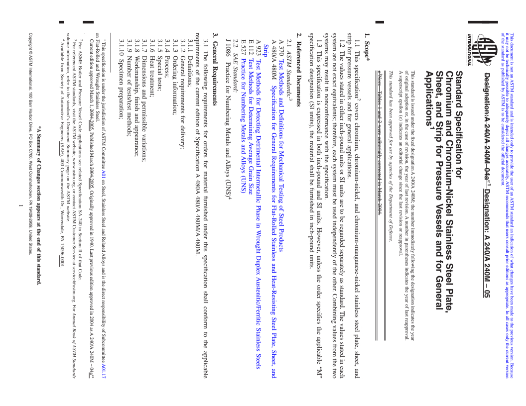 REDLINE ASTM A240/A240M-05 - Standard Specification for Chromium and Chromium-Nickel Stainless Steel Plate, Sheet, and Strip for Pressure Vessels and for General Applications