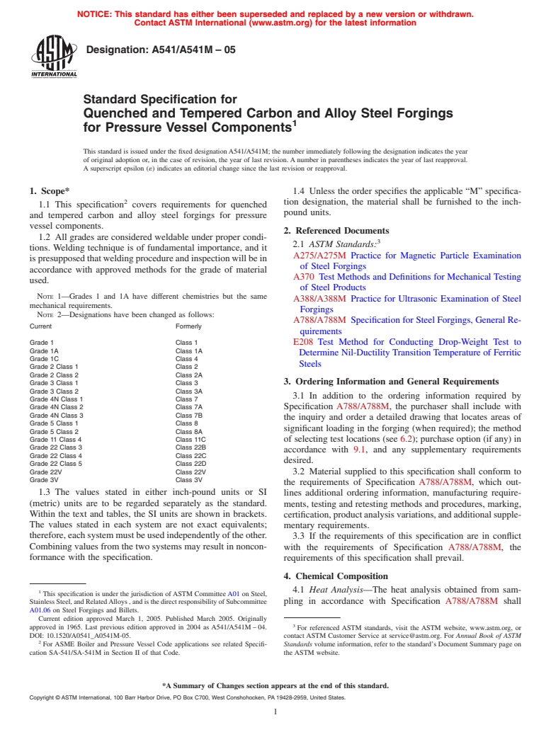 ASTM A541/A541M-05 - Standard Specification for Quenched and Tempered Carbon and Alloy Steel Forgings for Pressure Vessel Components