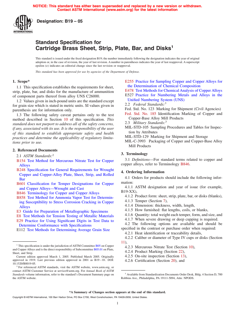 ASTM B19-05 - Standard Specification for Cartridge Brass Sheet, Strip, Plate, Bar, and Disks