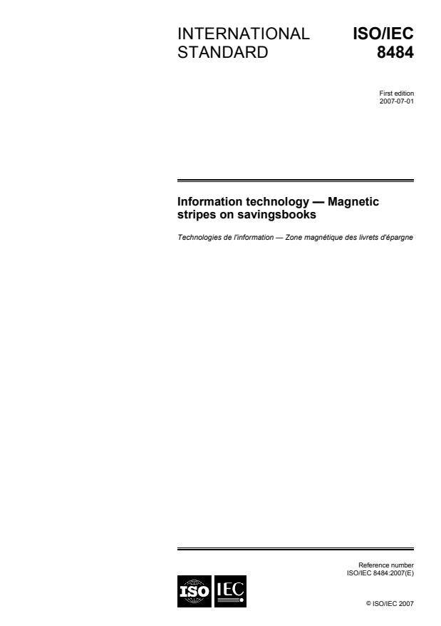 ISO/IEC 8484:2007 - Information technology -- Magnetic stripes on savingsbooks