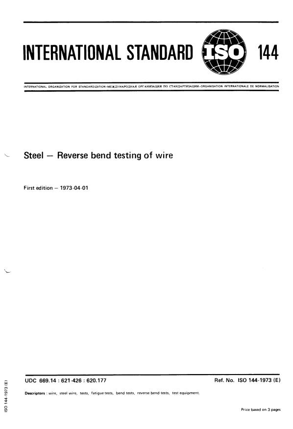 ISO 144:1973 - Steel -- Reverse bend testing of wire