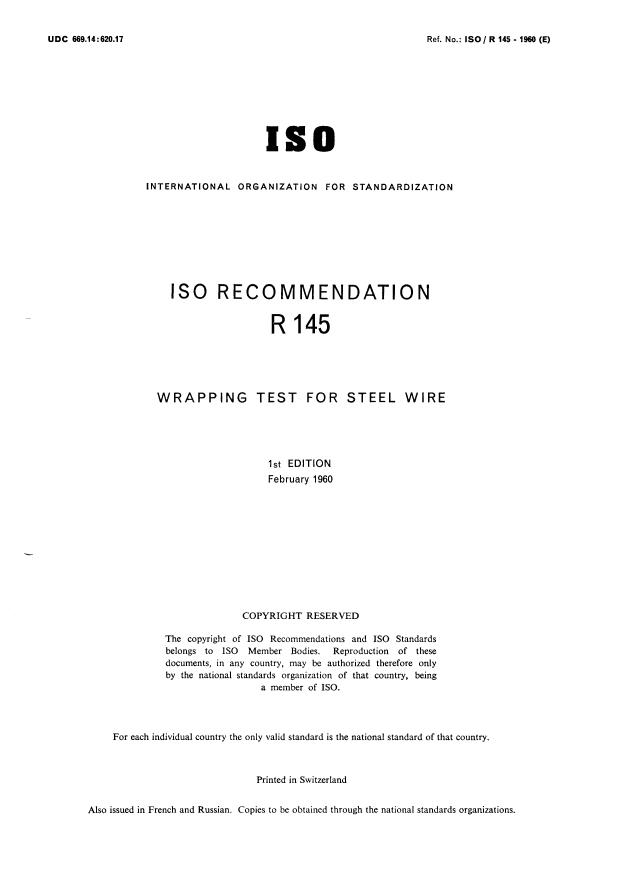 ISO/R 145:1960 - Wrapping test for steel wire